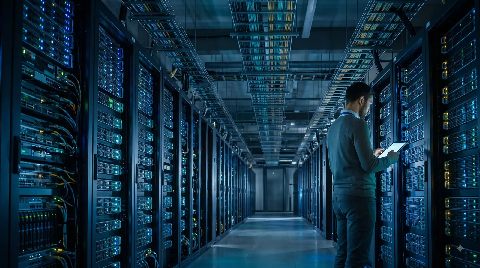 Infrastructure engineer reviewing server racks on a tablet in a data centre