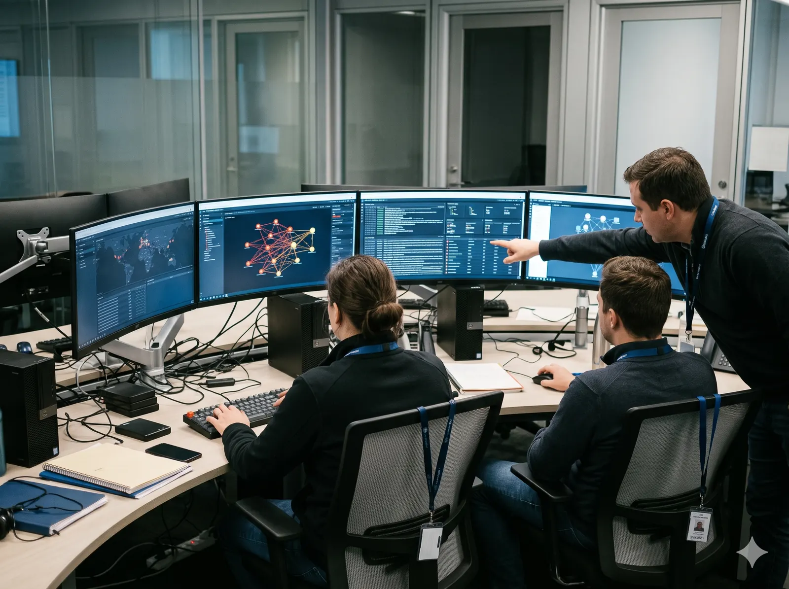 Security analysts reviewing threat-detection dashboards in a security operations centre