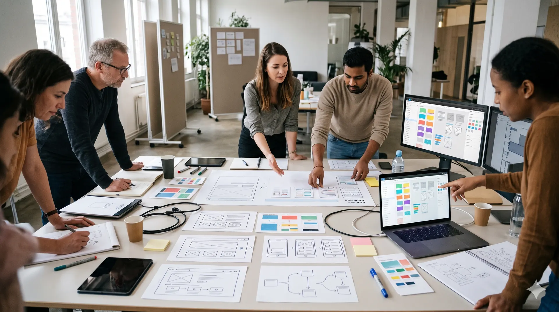 Product team laying out process-redesign wireframes and UX flows on a shared table
