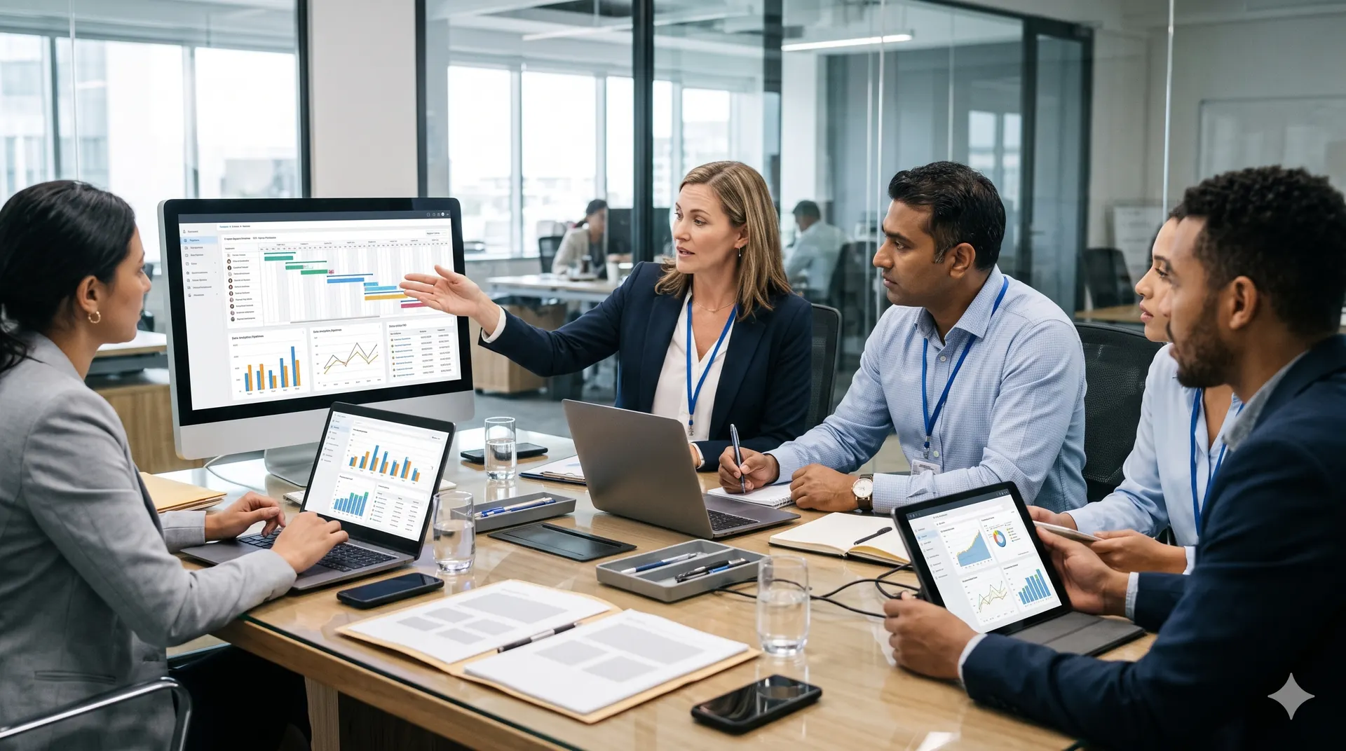 Finance and operations leads reviewing an implementation plan and planning dashboards