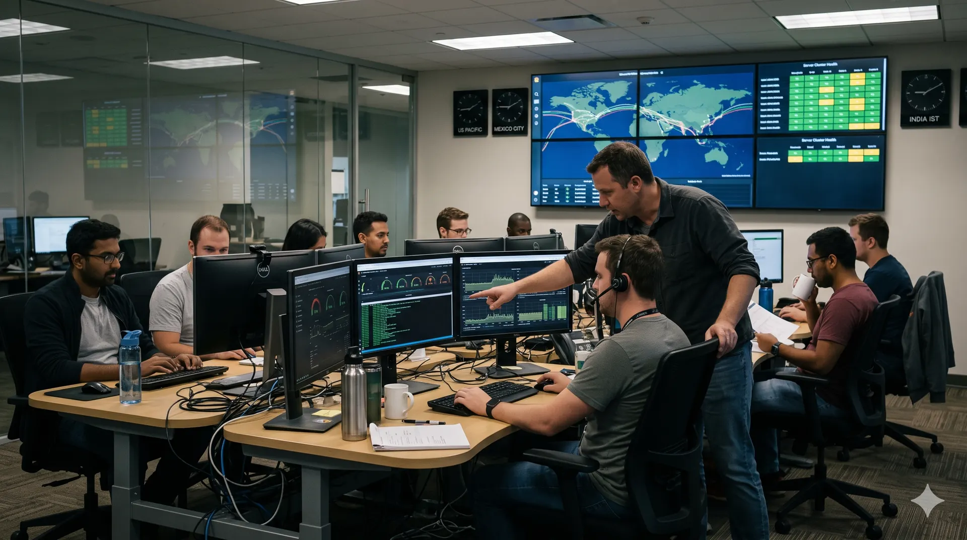 Operations engineers monitoring service health dashboards in a 24x7 network operations centre