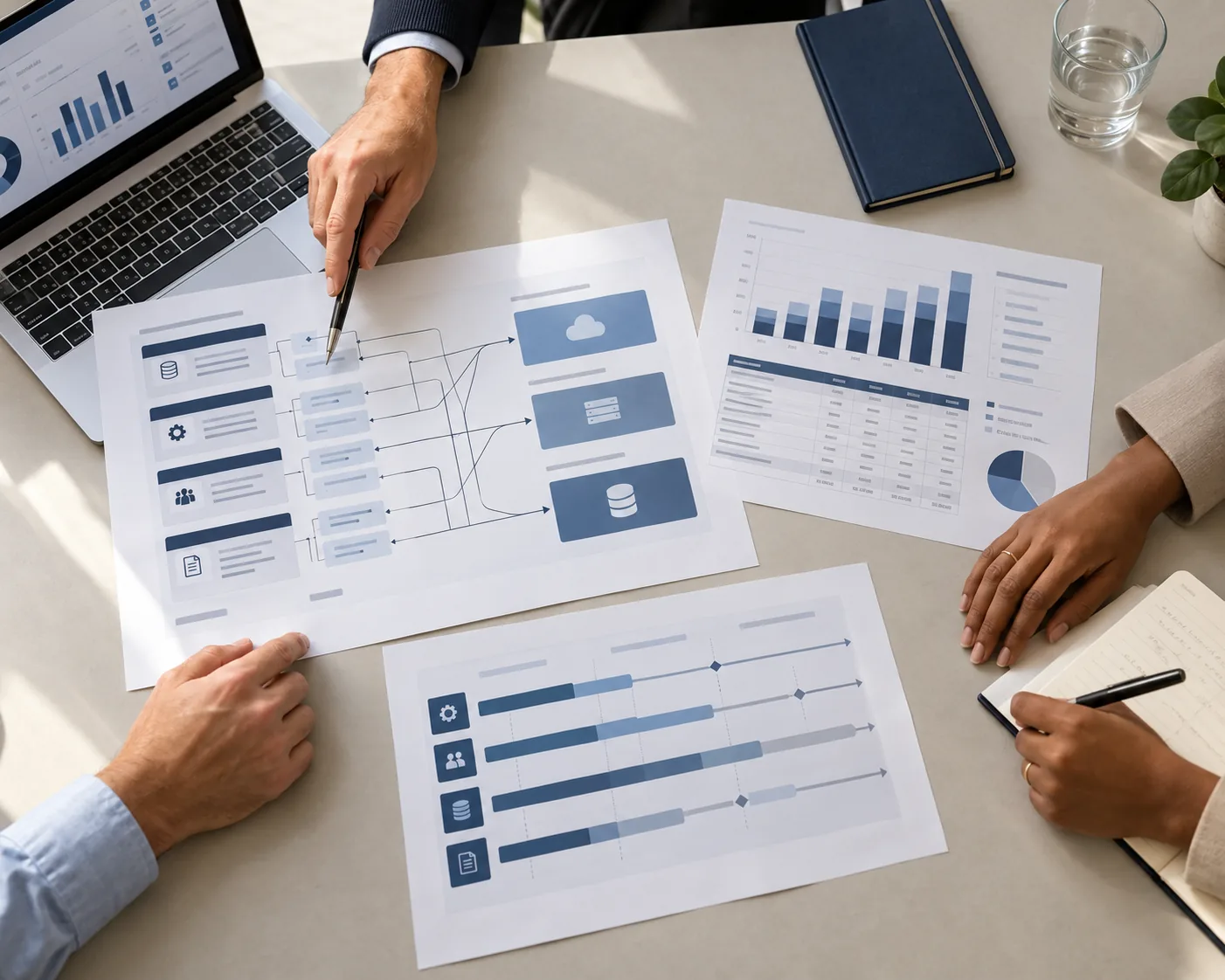Consultants reviewing a cloud architecture diagram, delivery roadmap and cost charts