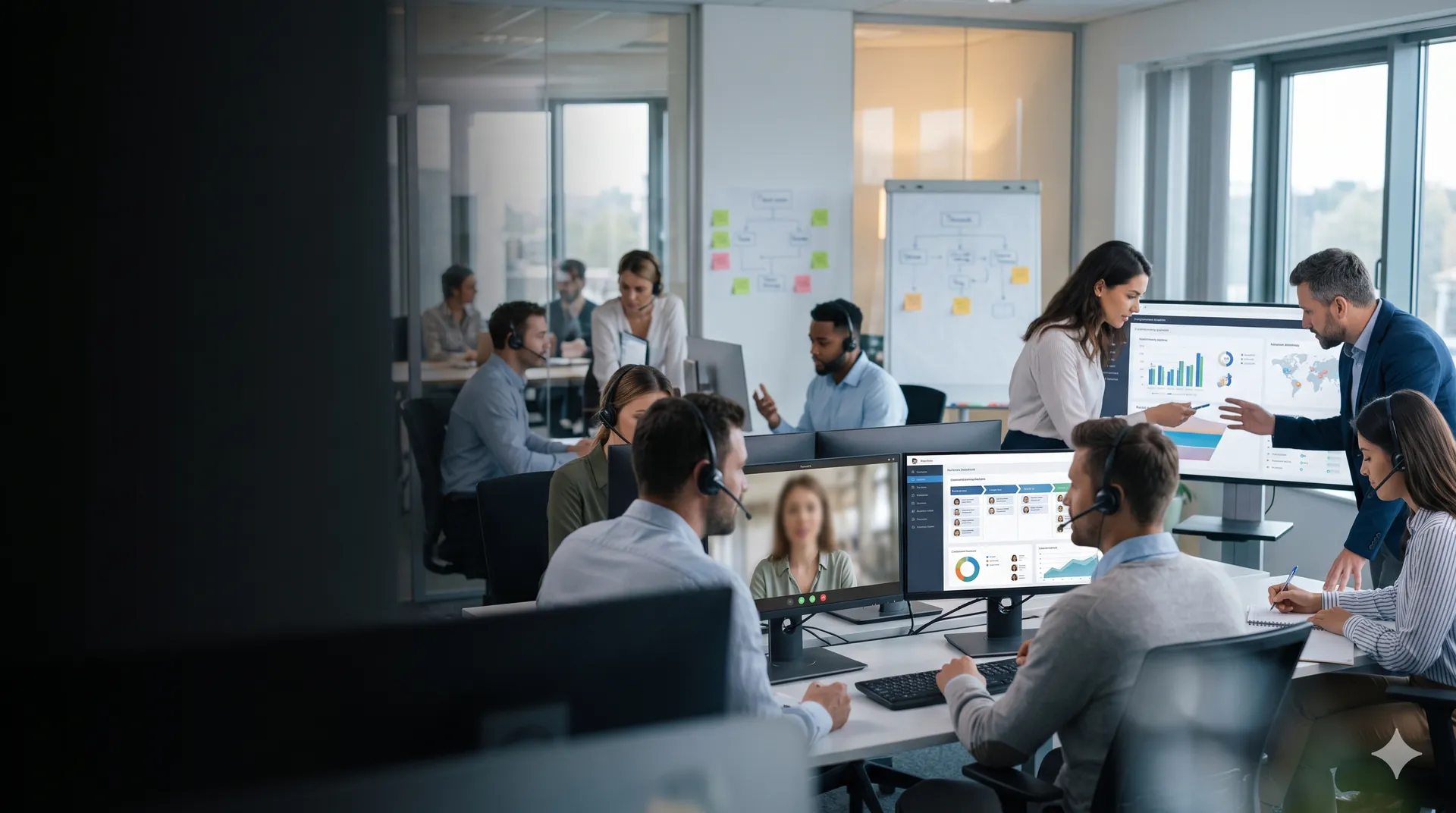 FixityTech recruiters on headsets running video interviews and reviewing hiring dashboards