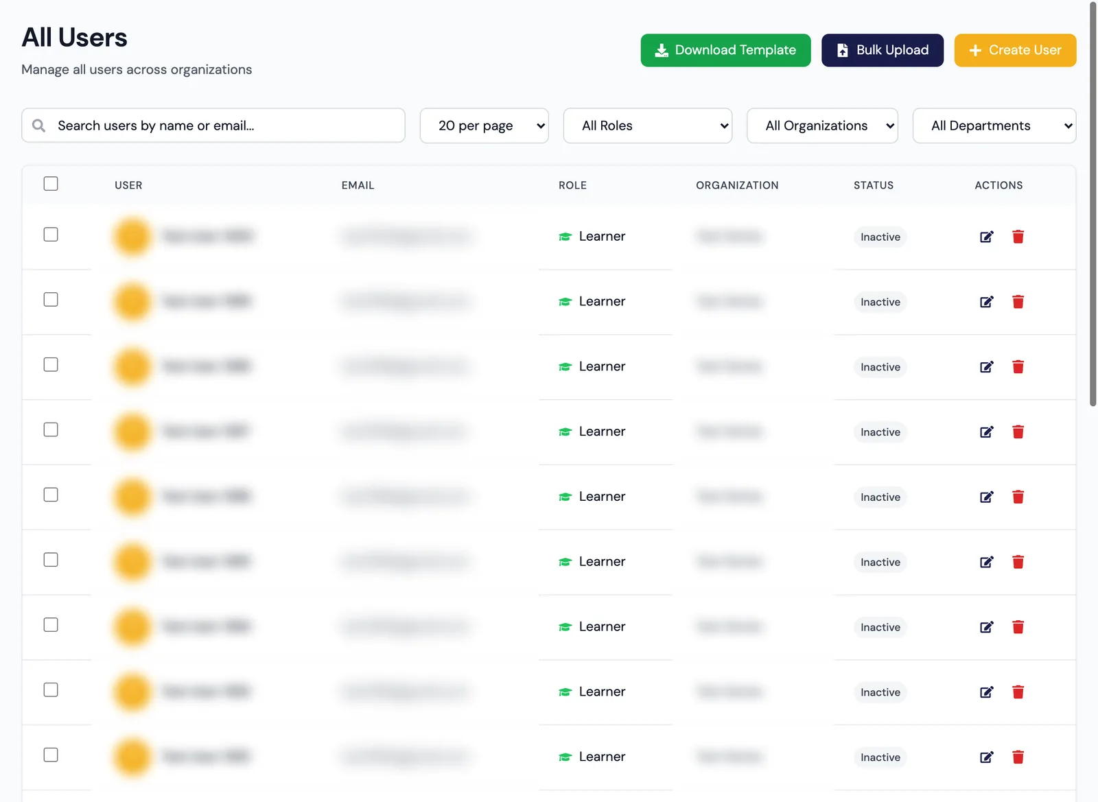 All users — role and status filters, CSV template, bulk upload and create user.