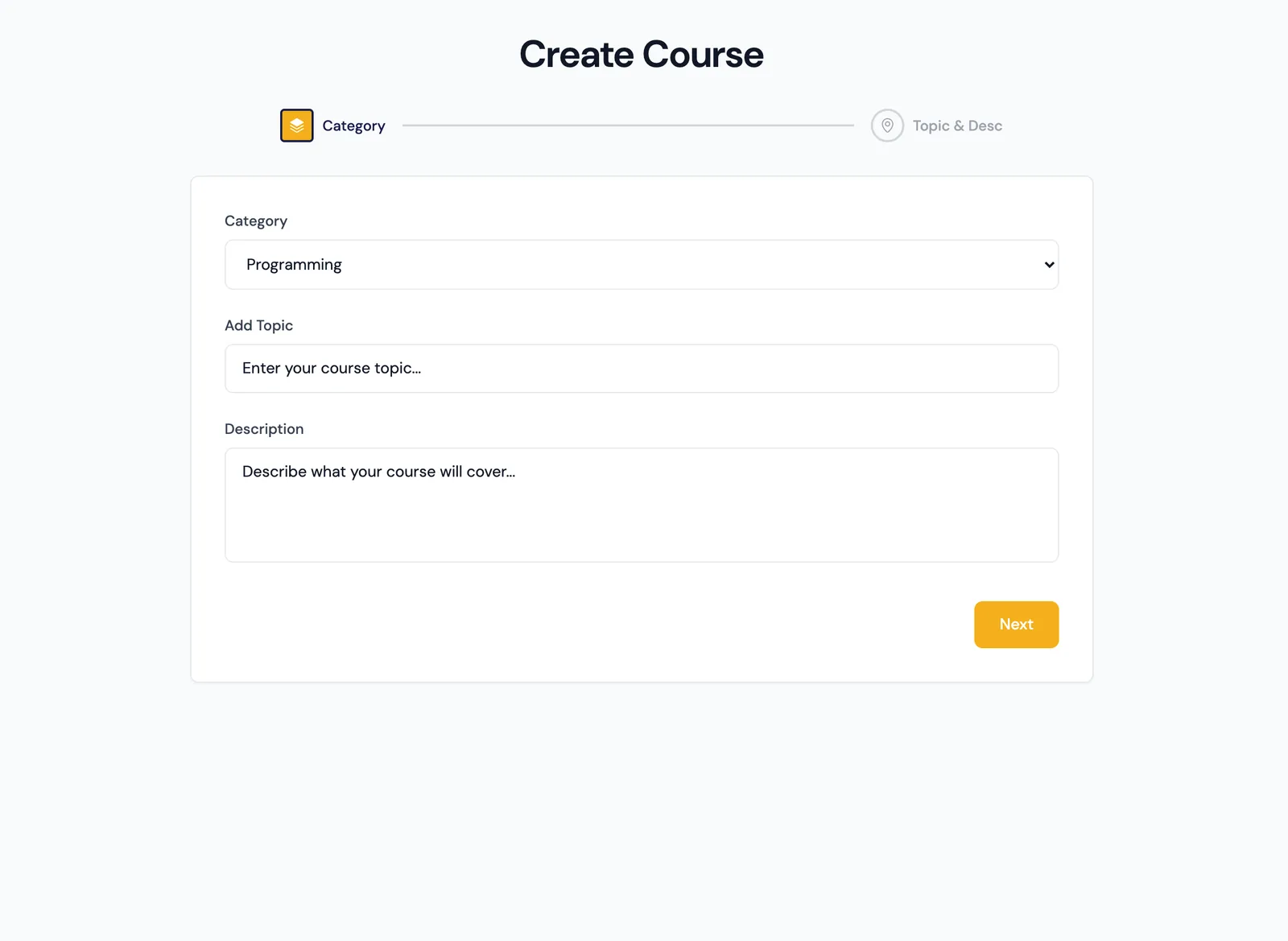 AI course creator — pick a category, describe a topic, get a drafted course.