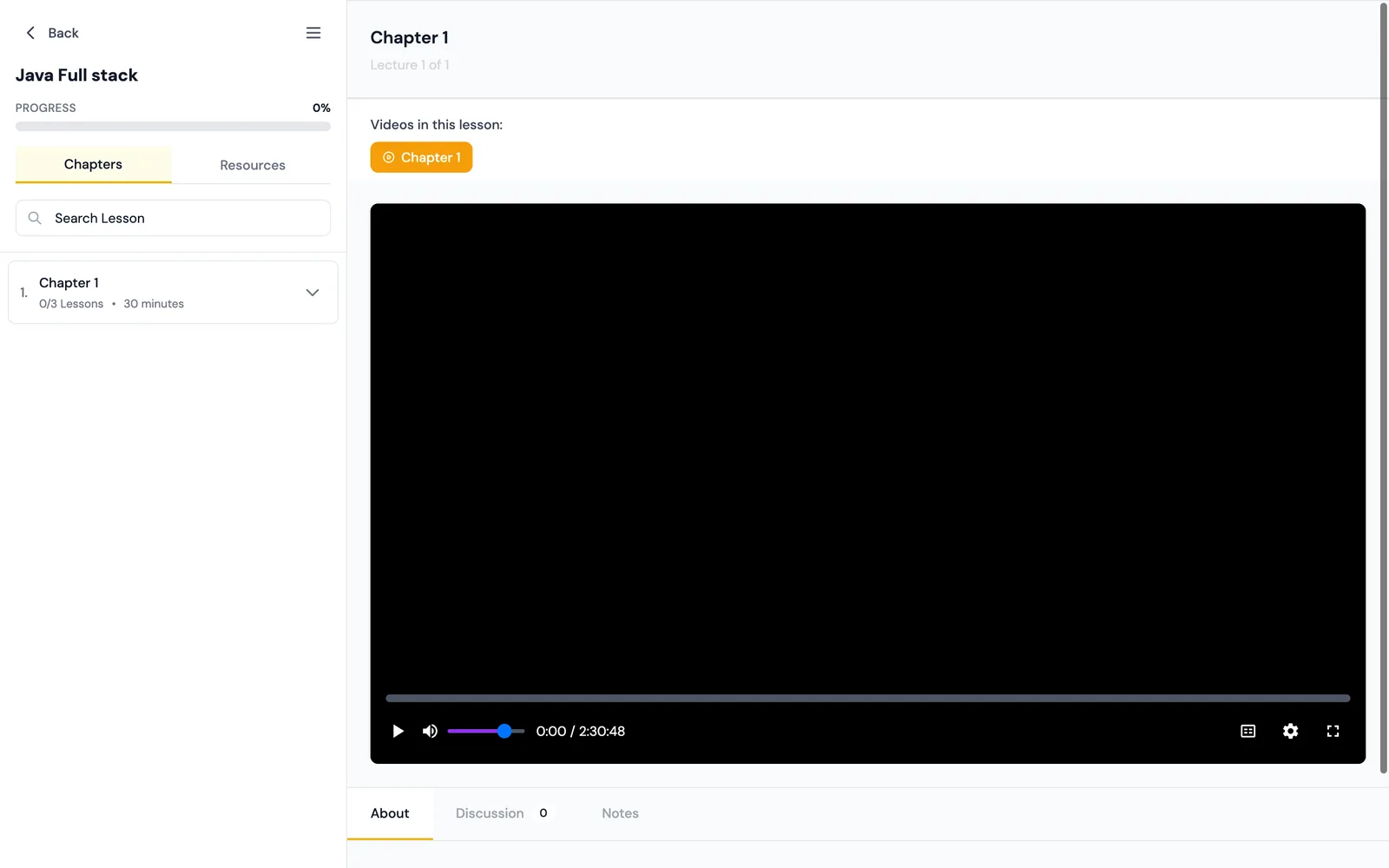 Learner course player — chapters, progress, video, resources, discussion and notes.