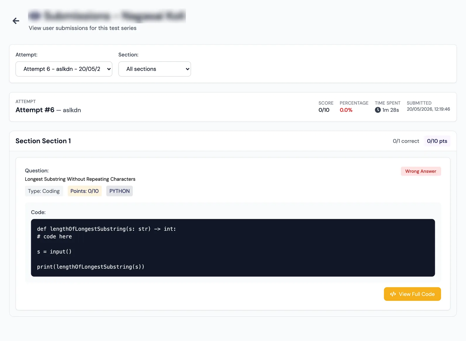 Submission review — question-by-question, including the learner’s submitted code.