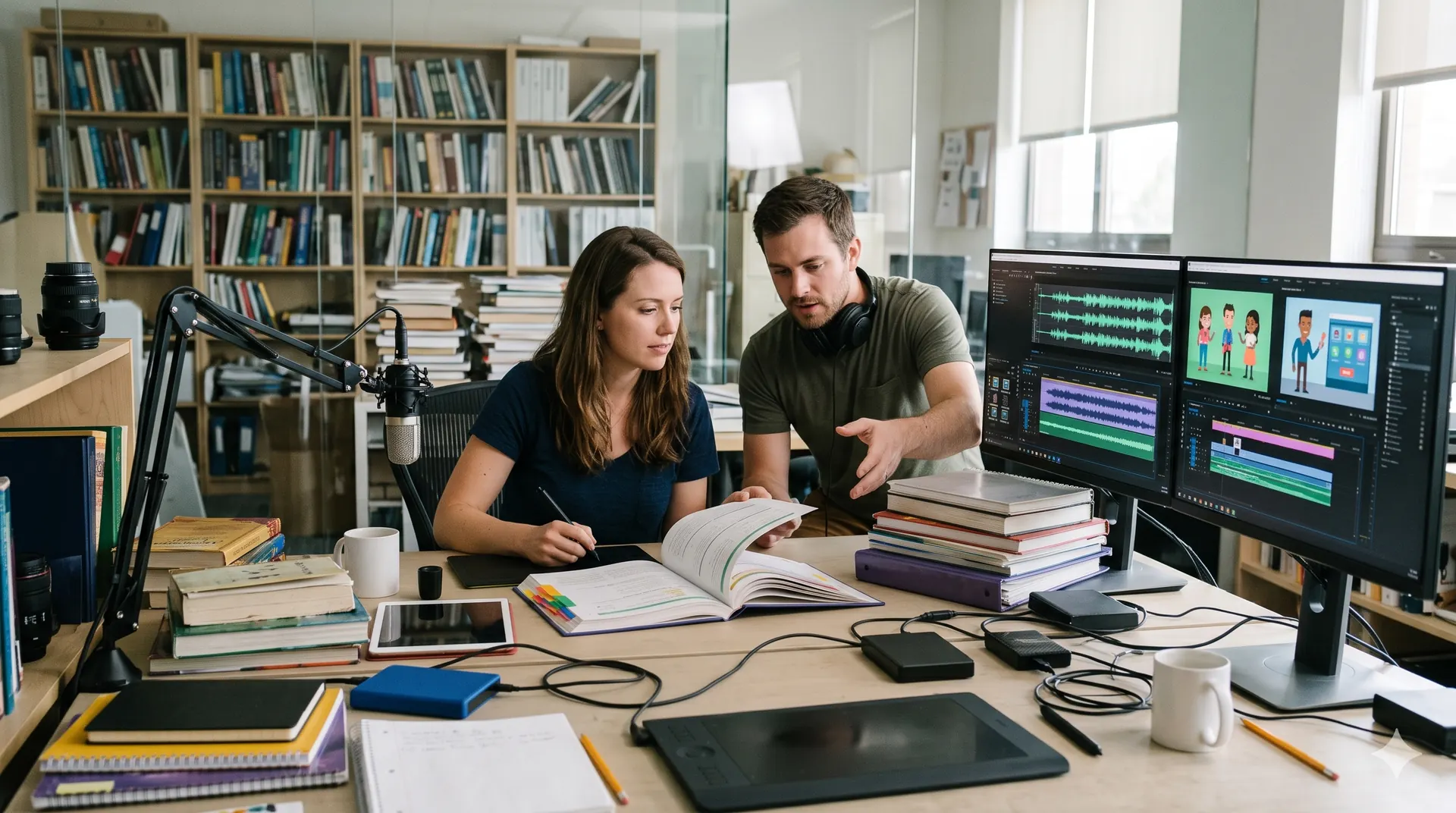 Content team turning a textbook into narrated audio and animated video lessons